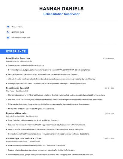 Rehabilitation Supervisor Resume
