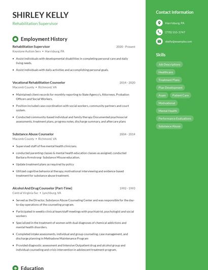 Rehabilitation Supervisor Resume