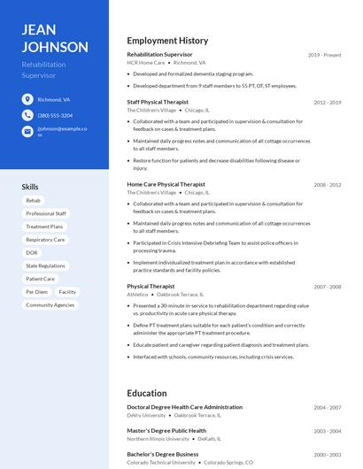 Rehabilitation Supervisor Resume