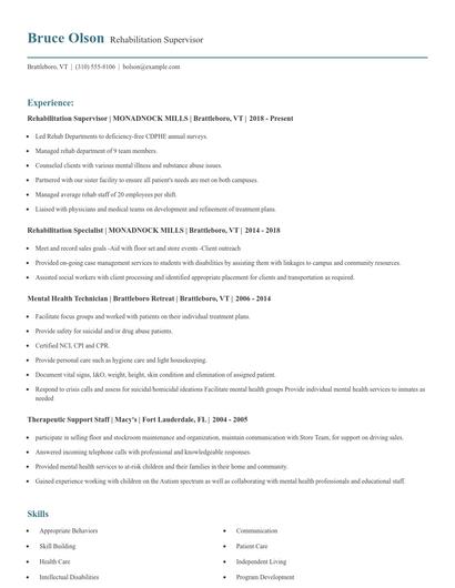 Rehabilitation Supervisor Resume