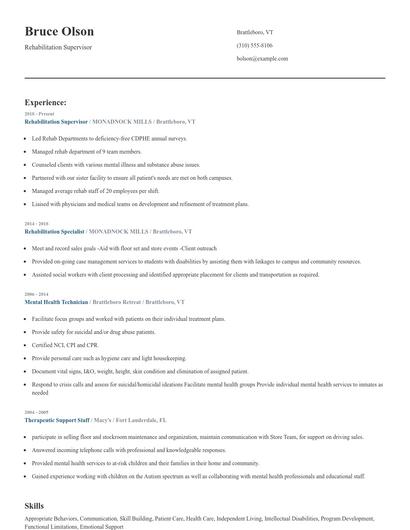Rehabilitation Supervisor Resume