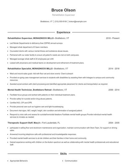 Rehabilitation Supervisor Resume