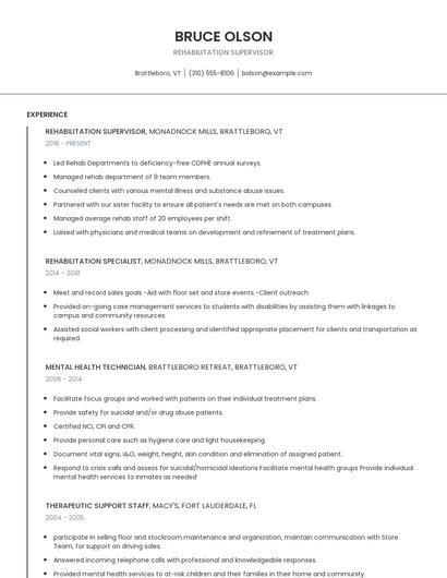 Rehabilitation Supervisor Resume