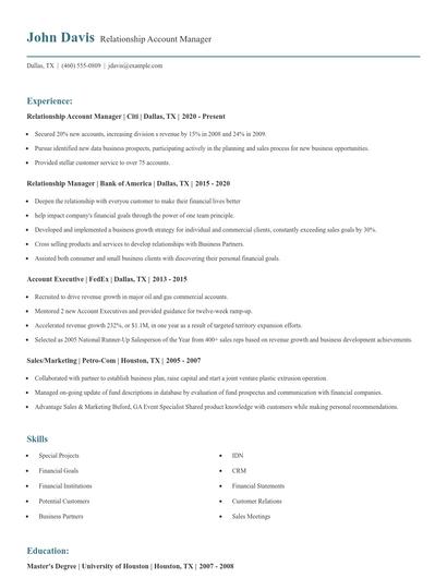 Relationship Account Manager Resume