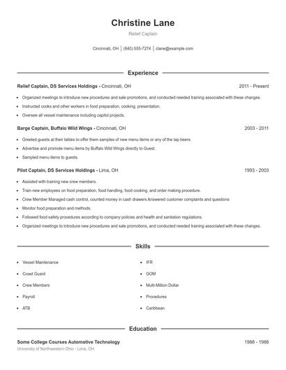 Relief Captain Resume