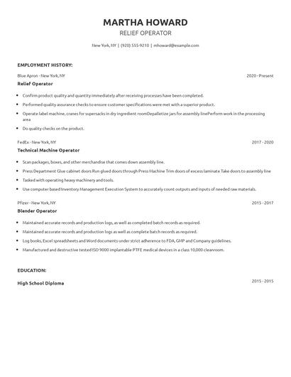 Relief Operator Resume