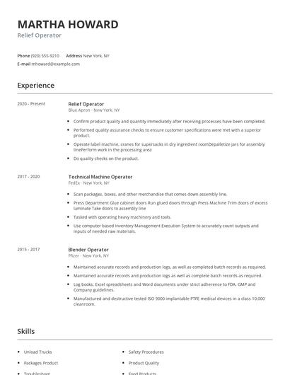 Relief Operator Resume