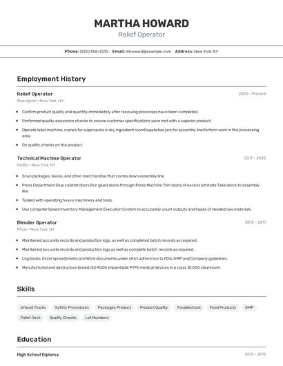 Relief Operator Resume