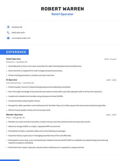 Relief Operator Resume