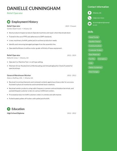 Relief Operator Resume