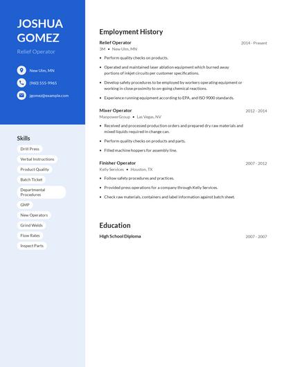 Relief Operator Resume