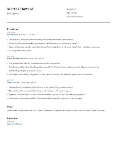 Relief Operator Resume
