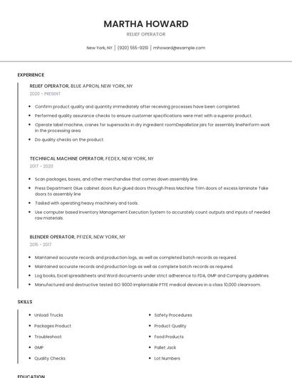 Relief Operator Resume