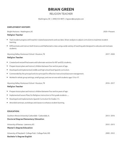 Religion Teacher Resume