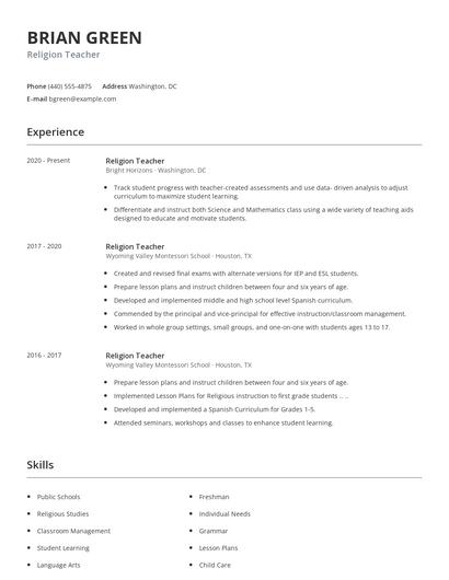 Religion Teacher Resume
