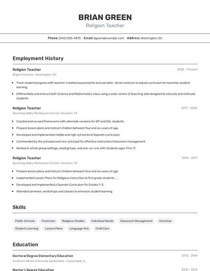 Religion Teacher Resume