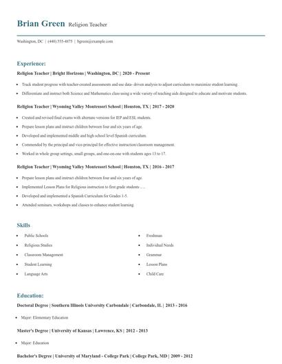 Religion Teacher Resume