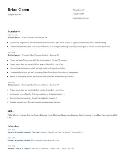 Religion Teacher Resume