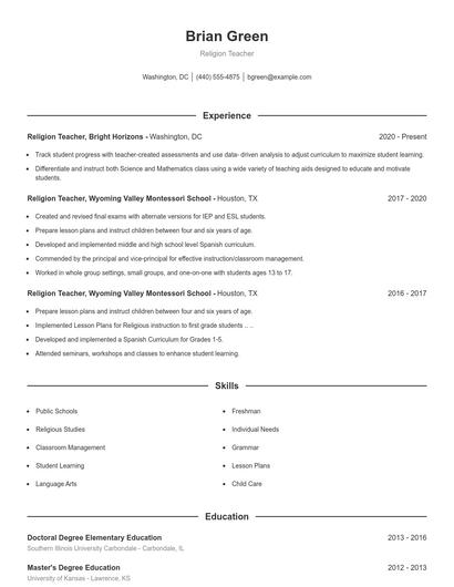 Religion Teacher Resume