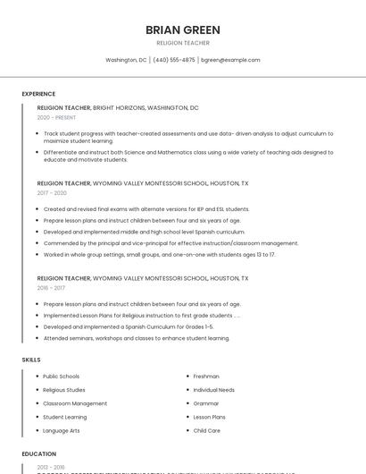 Religion Teacher Resume