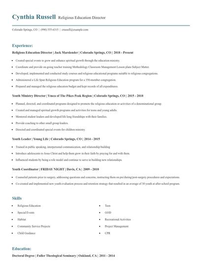Religious Education Director Resume