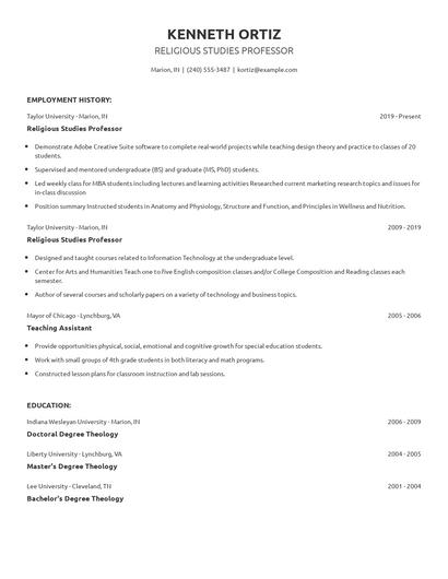 Religious Studies Professor Resume