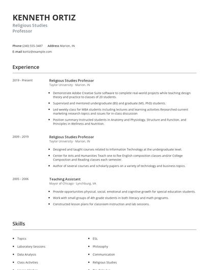 Religious Studies Professor Resume