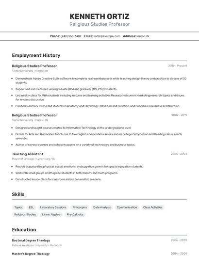 Religious Studies Professor Resume