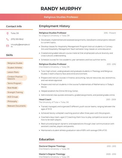 Religious Studies Professor Resume