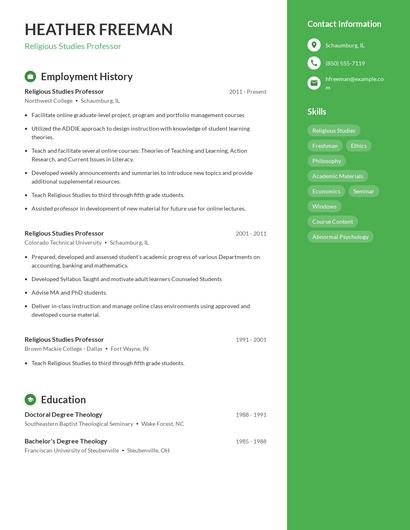 Religious Studies Professor Resume