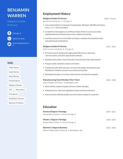 Religious Studies Professor Resume
