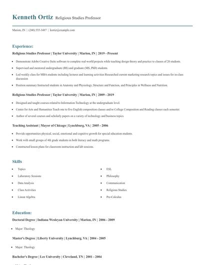 Religious Studies Professor Resume