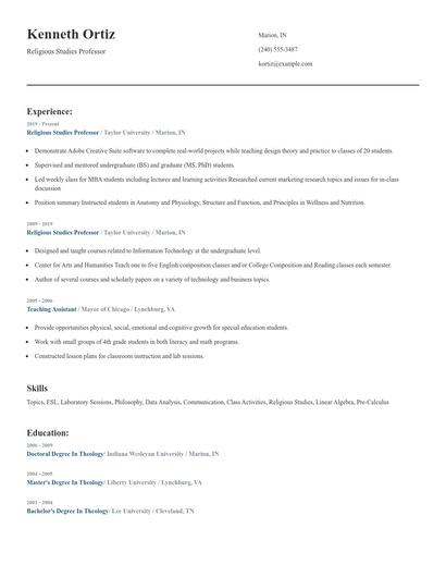 Religious Studies Professor Resume