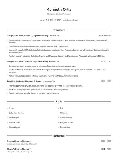 Religious Studies Professor Resume