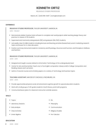 Religious Studies Professor Resume