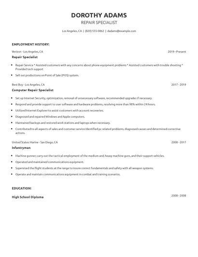Repair Specialist Resume