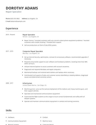 Repair Specialist Resume