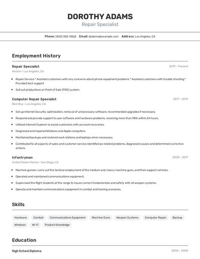 Repair Specialist Resume