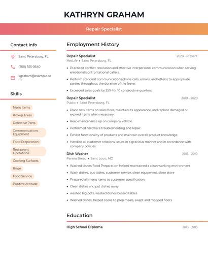 Repair Specialist Resume