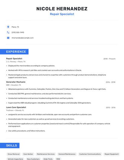 Repair Specialist Resume