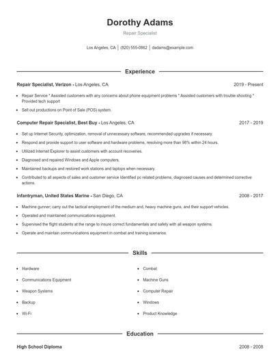 Repair Specialist Resume