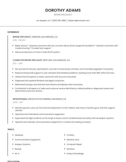 Repair Specialist Resume