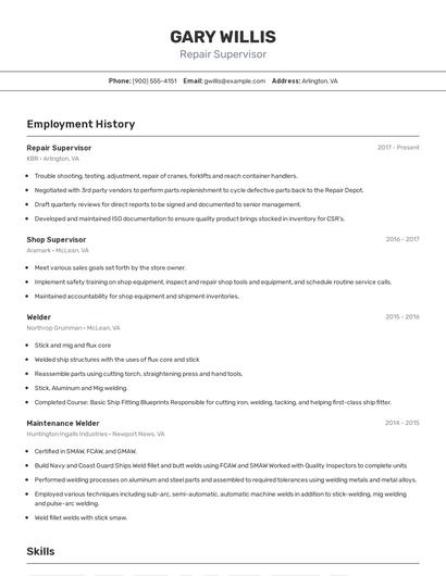 Repair Supervisor Resume