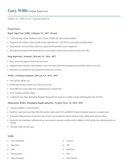 Repair Supervisor Resume
