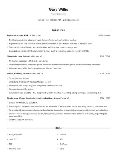 Repair Supervisor Resume