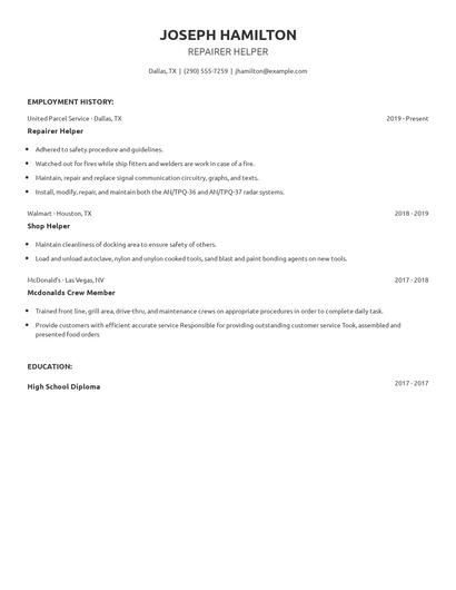 Repairer Helper Resume