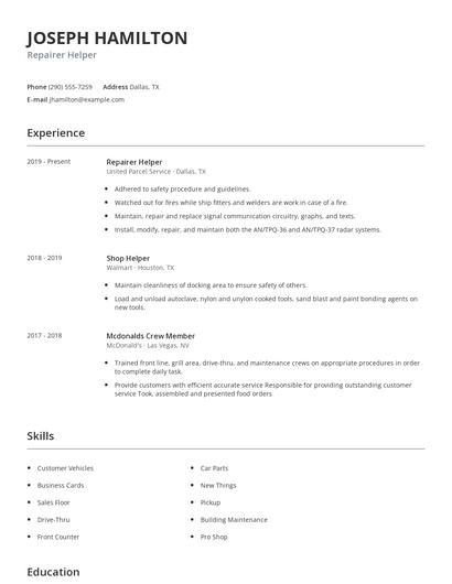 Repairer Helper Resume