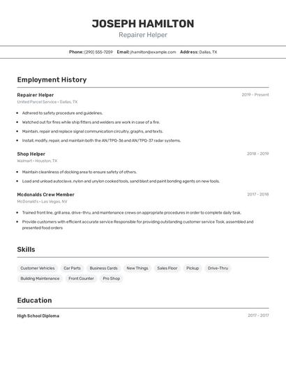 Repairer Helper Resume