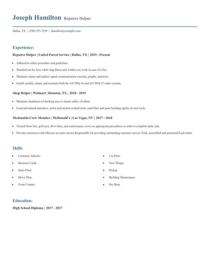 Repairer Helper Resume