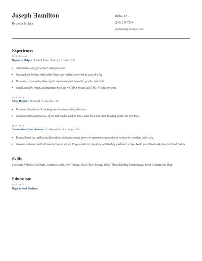 Repairer Helper Resume
